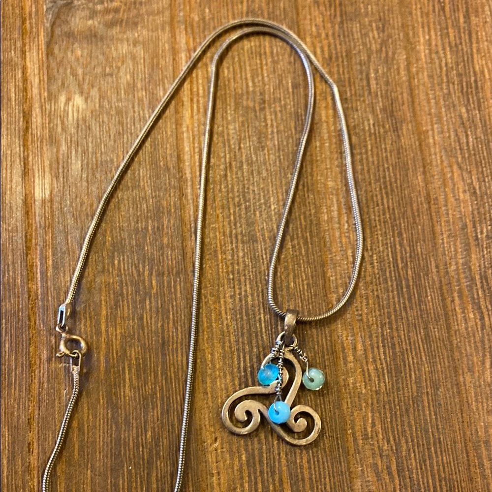 Sterling Celtic Triskelion Blue Glass Pendant Vertebrae Necklace